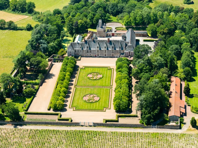 Aerial photo of the chateau de Goulaine on the edge of the Goulaine marshes.
